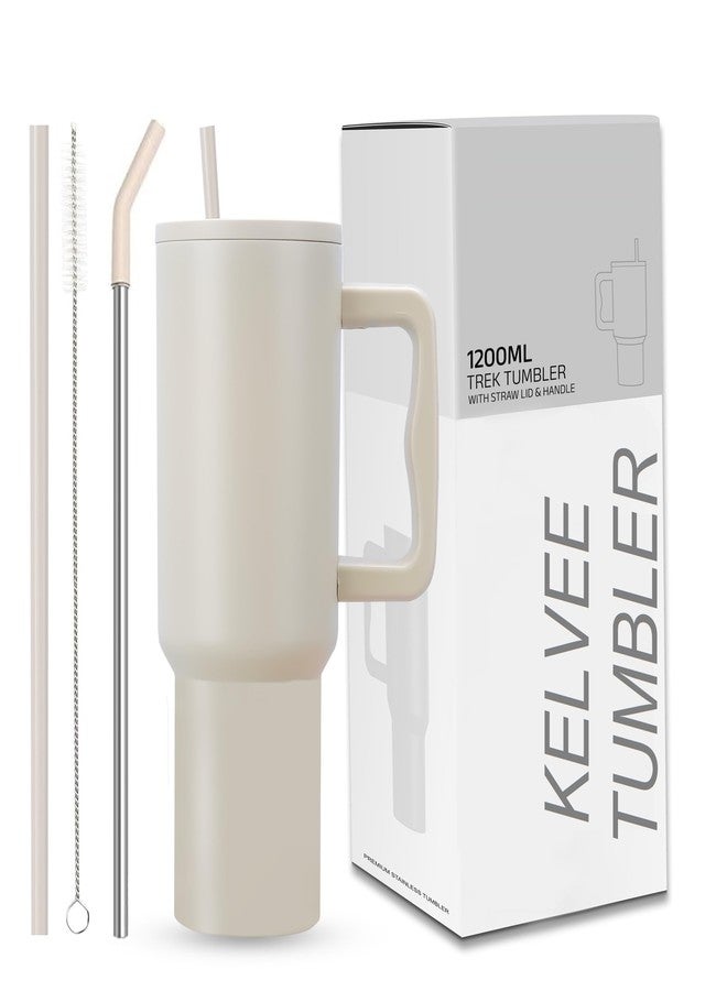 KELVEE كوب كيلفي سعة 40 أونصة مع مقبض وغطاء ماصة، كوب معزول من الفولاذ المقاوم للصدأ h2.0 Flowstate، كوب سفر مانع للتسرب، مناسب للقهوة والشاي المثلج، ساخن أو بارد (لون اللوز والبتولا) - Image 1